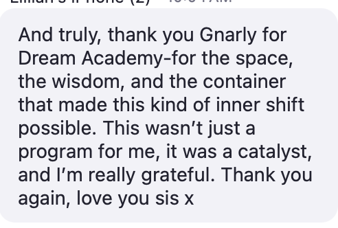 Testimonial thanking Narley for the Dream Academy space and wisdom