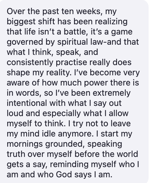 Testimonial about words shaping reality and speaking truth over herself each morning